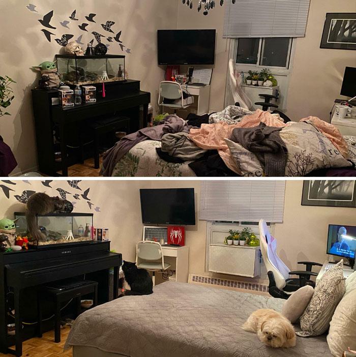 Before and after bedroom cleaning by Polished Living Cleaning