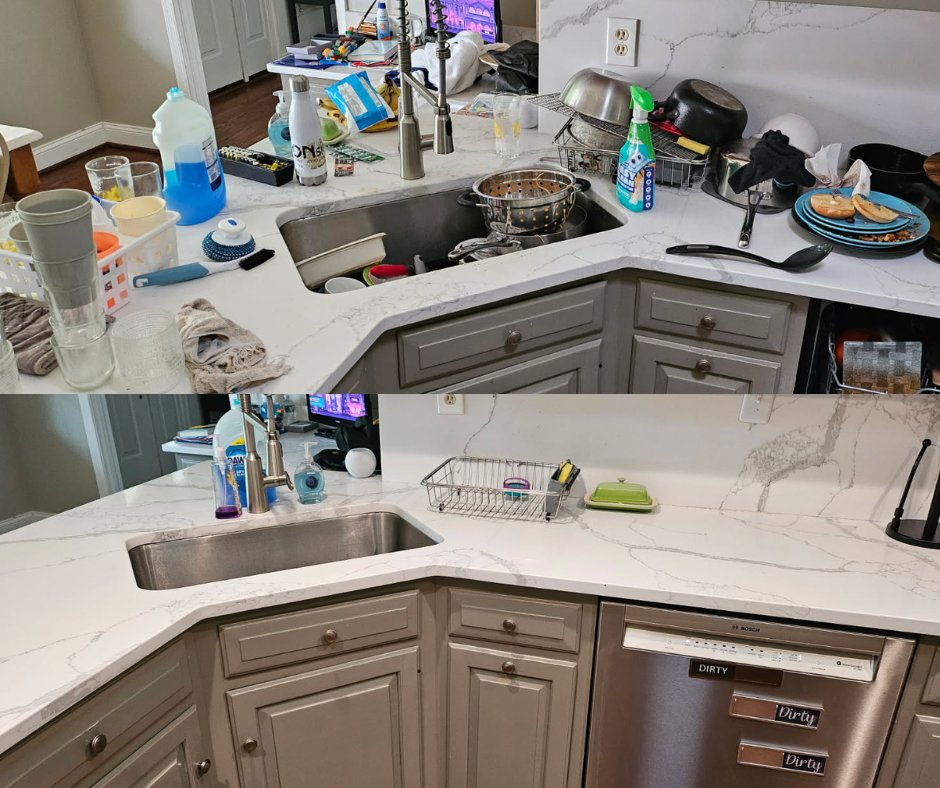 Before and after kitchen counter cleaning by Polished Living Cleaning
